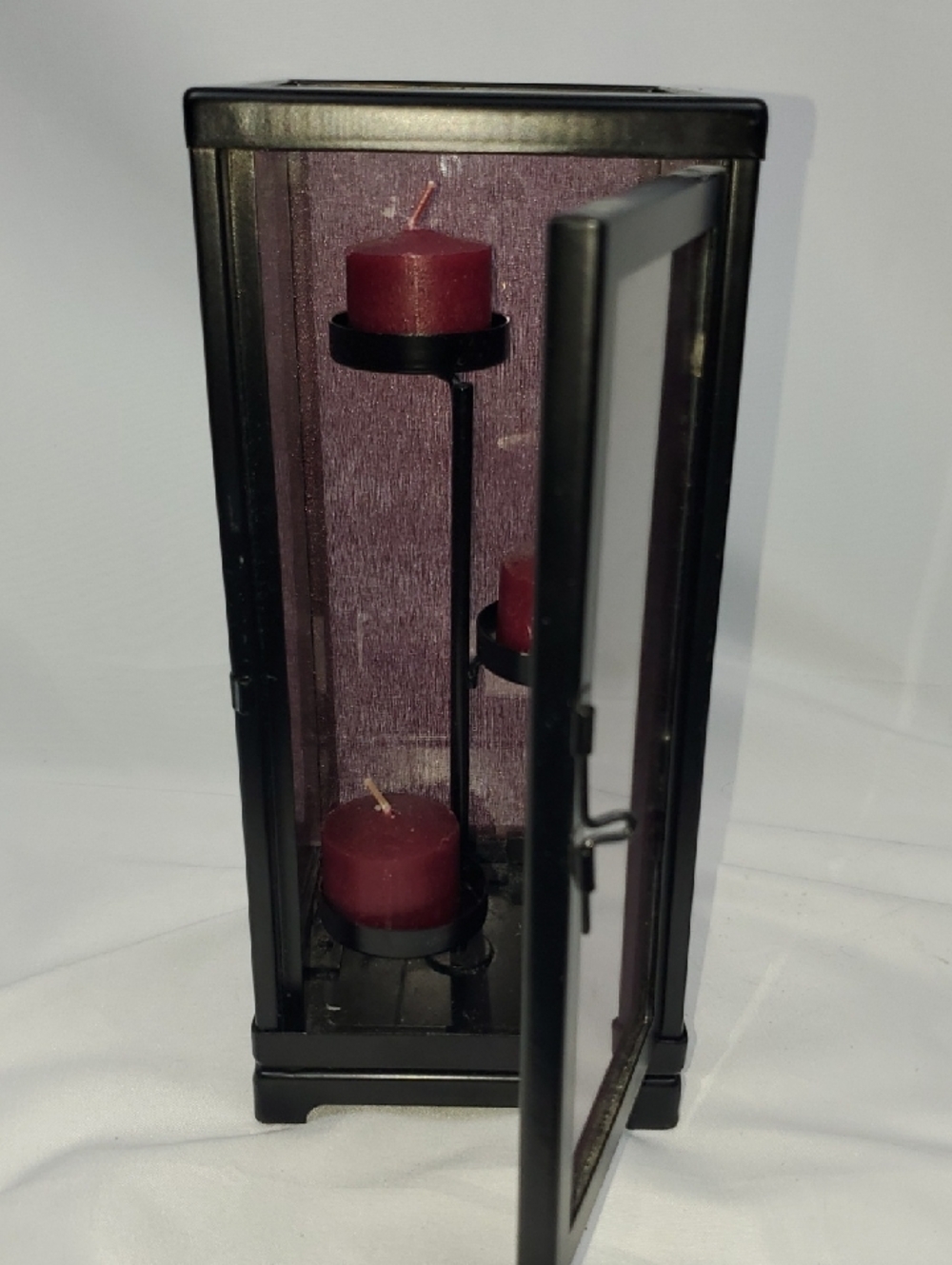 PartyLite Black Metal/Burgandy Glass Lantern with Deep Red Pillar Candles